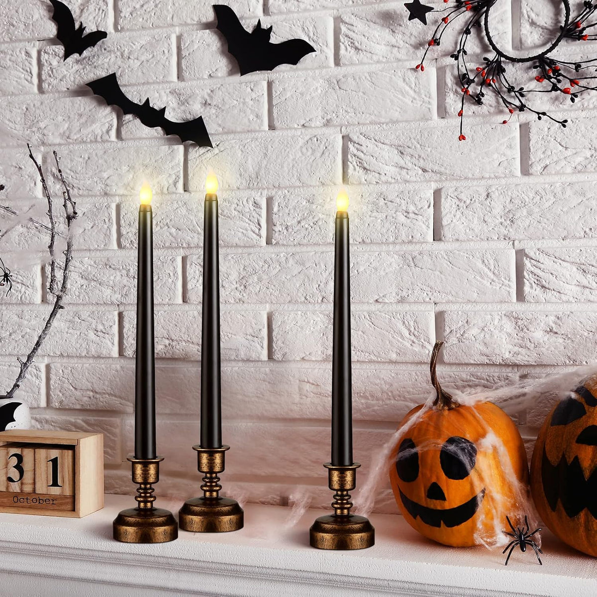 Retisee 24 Pcs 13" Black Halloween Flameless Candles with Base