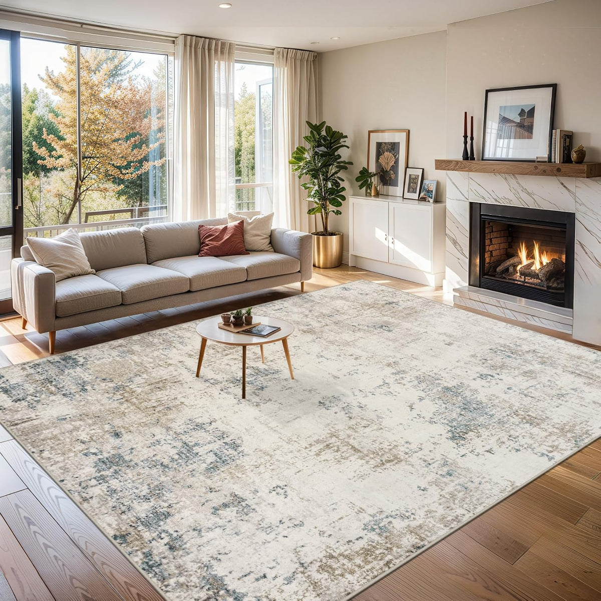 8x10 Area Rug Living Room: Modern Abstract Washable Carpet Beige
