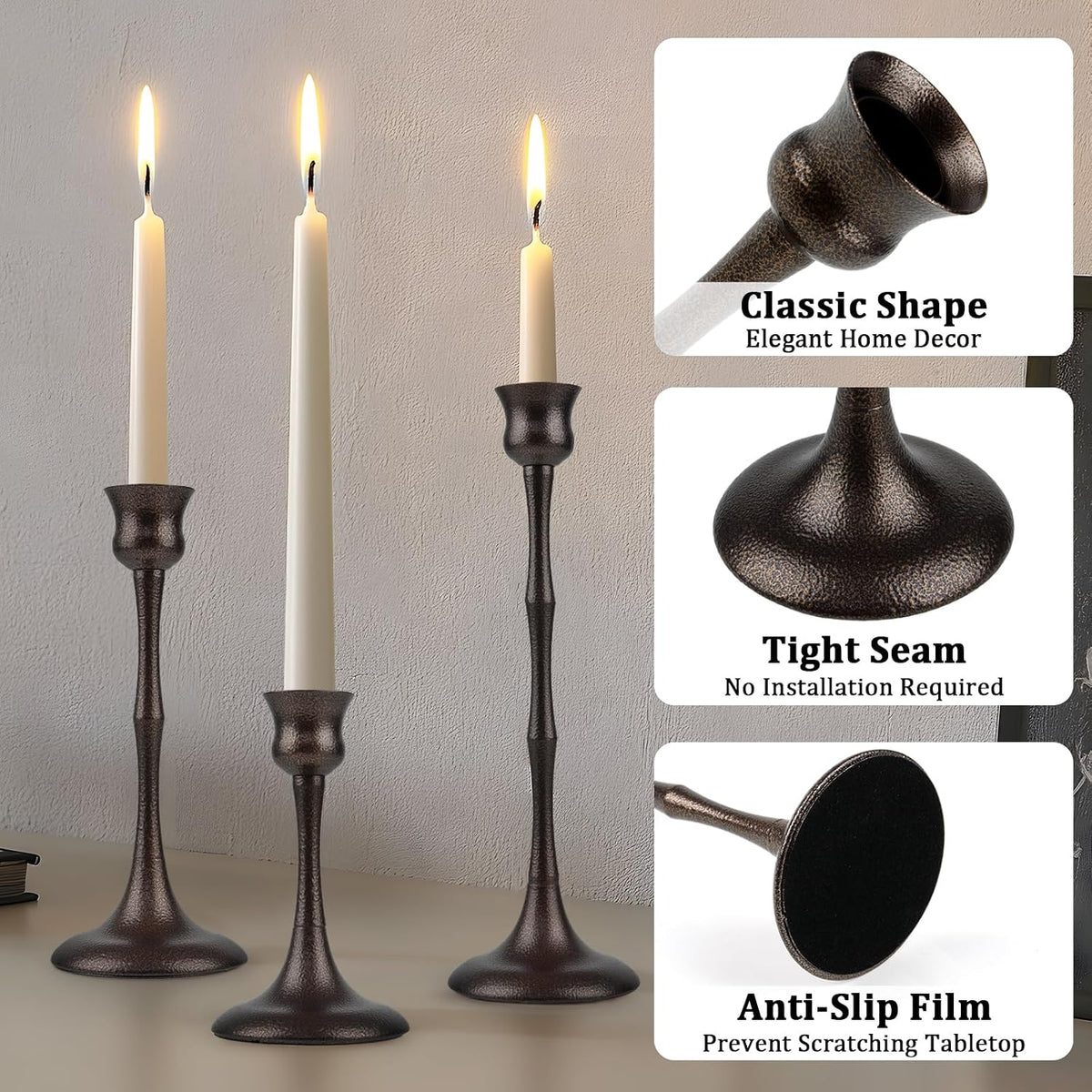 Vintage Metal Candlestick Holders, Set of 3 Bronze Candle Holders for Candles...