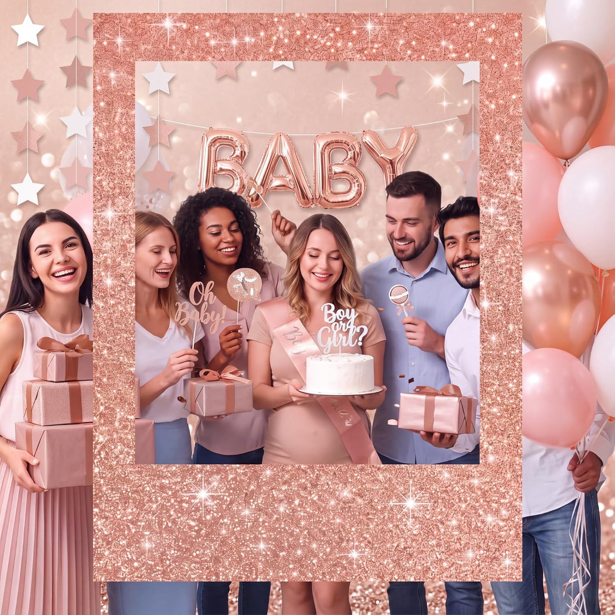 Beeveer 40 x 30 in Large Photo Booth Selfie Frame Props, Rose Gold Vertical
