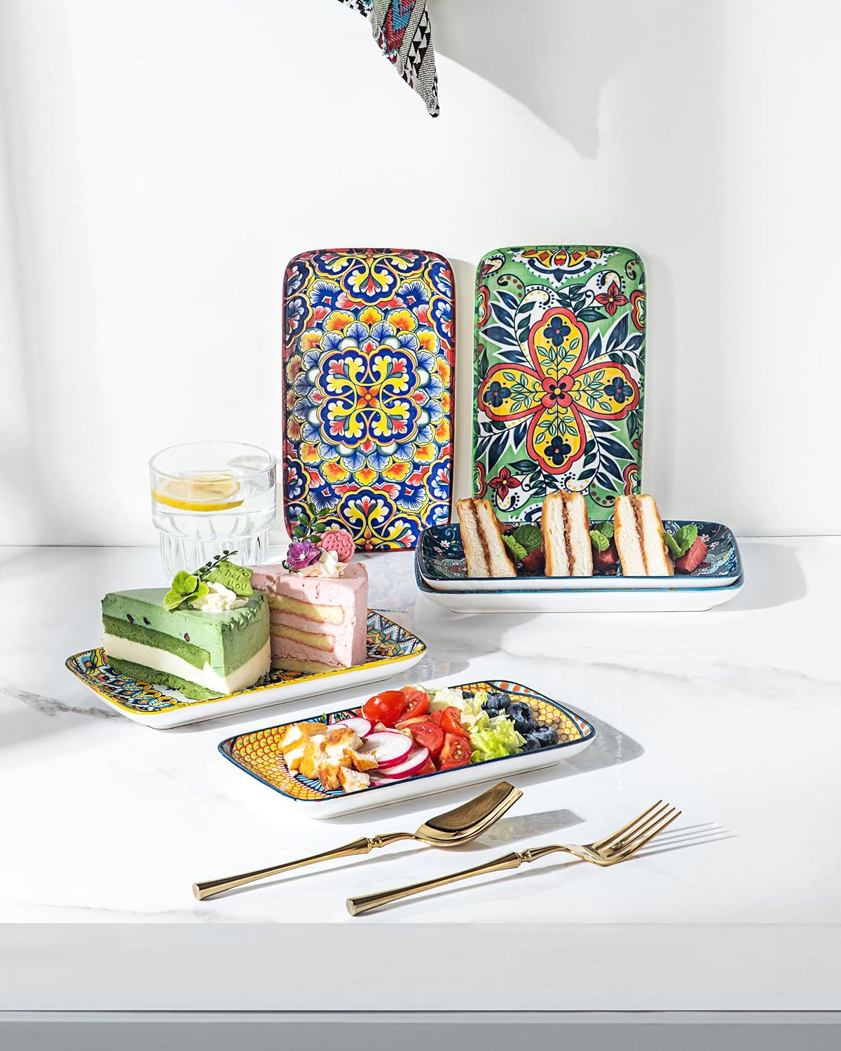 Boho Ceramic Rectangular Appetizer & Sushi Plates Set of 6, 8 Inch