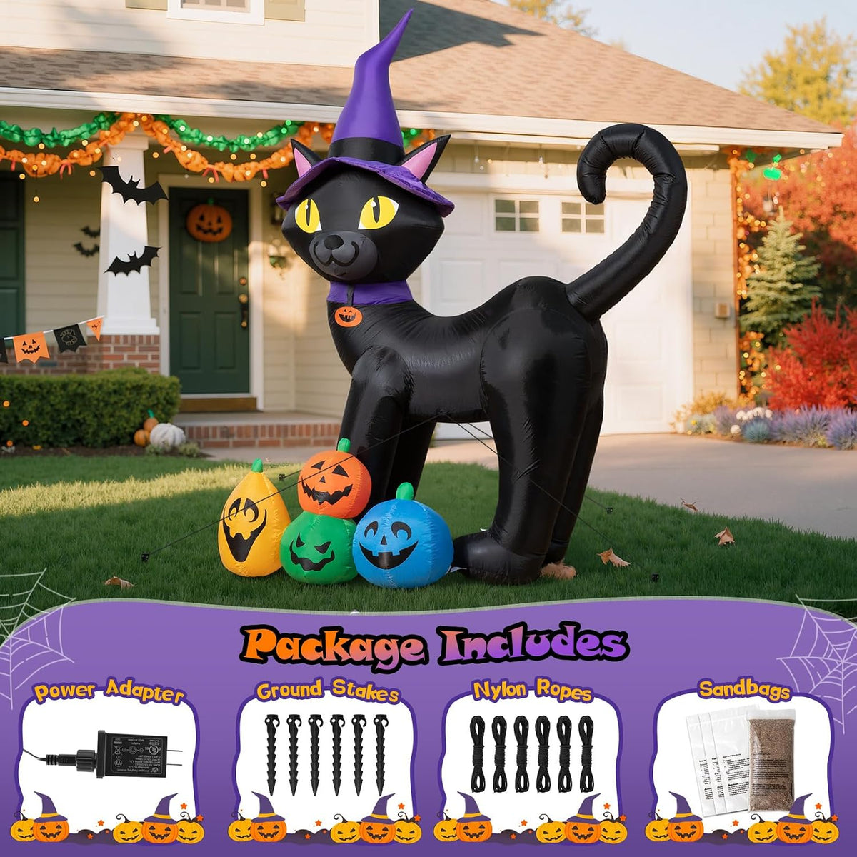 6FT Halloween Inflatable Black Cat with Witch Hat and 4 Colorful Pumpkins, Cu...
