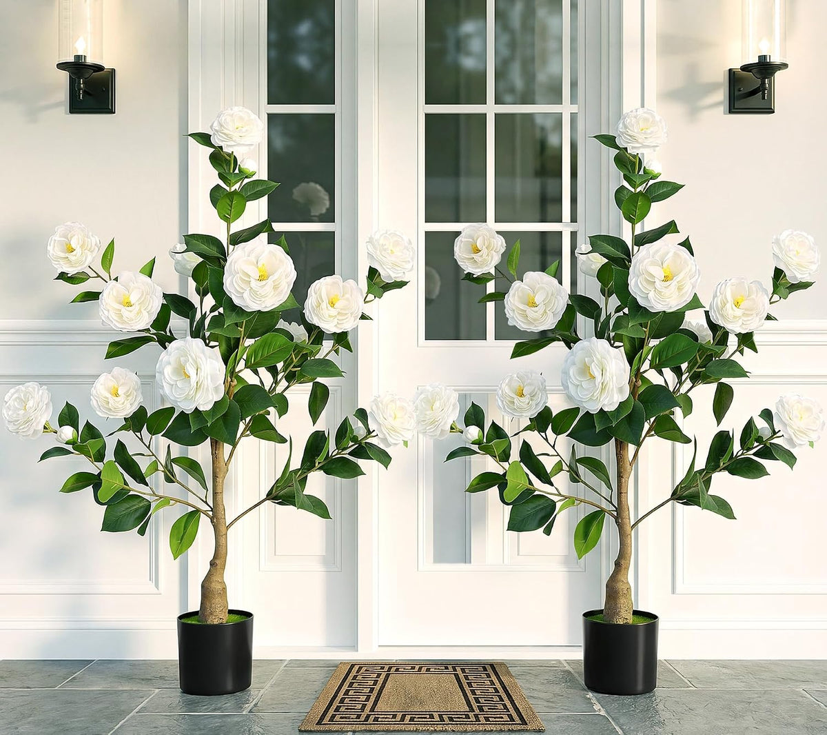 2 Pack 3FT Artificial Camellia Trees with White Flower for Outdoor