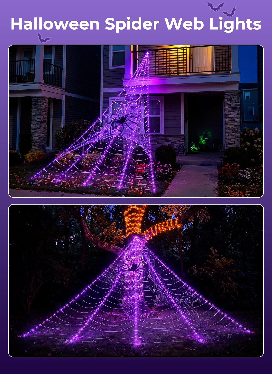 Halloween Decorations Spider Web Lights, 255 LED 16.4Ft Light Up Spider Web, ...