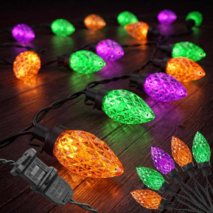 26FT C9 Halloween String Lights, 50 LED Orange Green Purple Diamond Lights