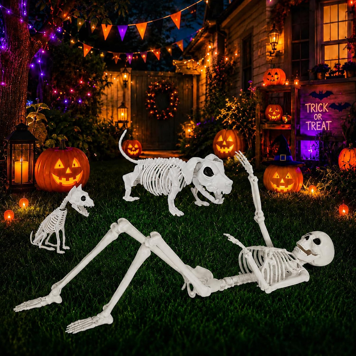 36" Halloween Skeleton Decorations - 3FT Posable Skeleton with Dog &...