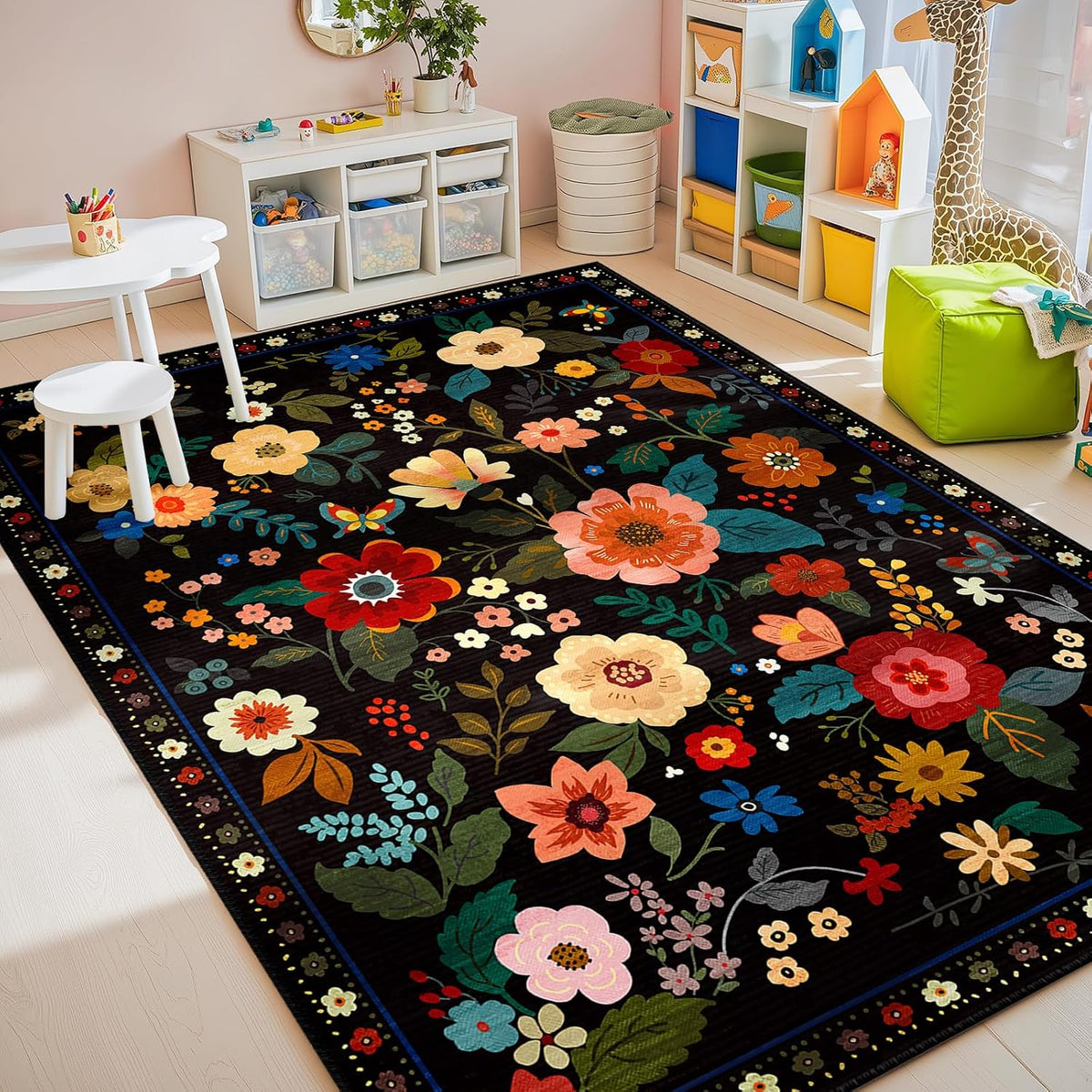 RELEANY Floral Washable 5x7 Area Rugs Black