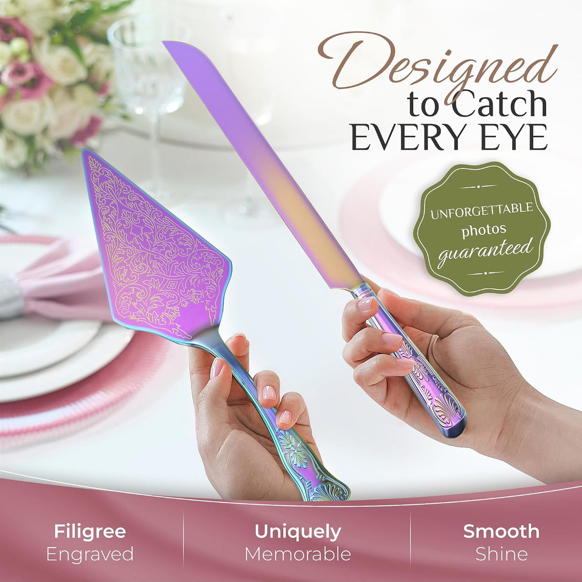 Orblue Wedding Cake Knife and Server Set - Premium, Beautifully Engraved Cutt...
