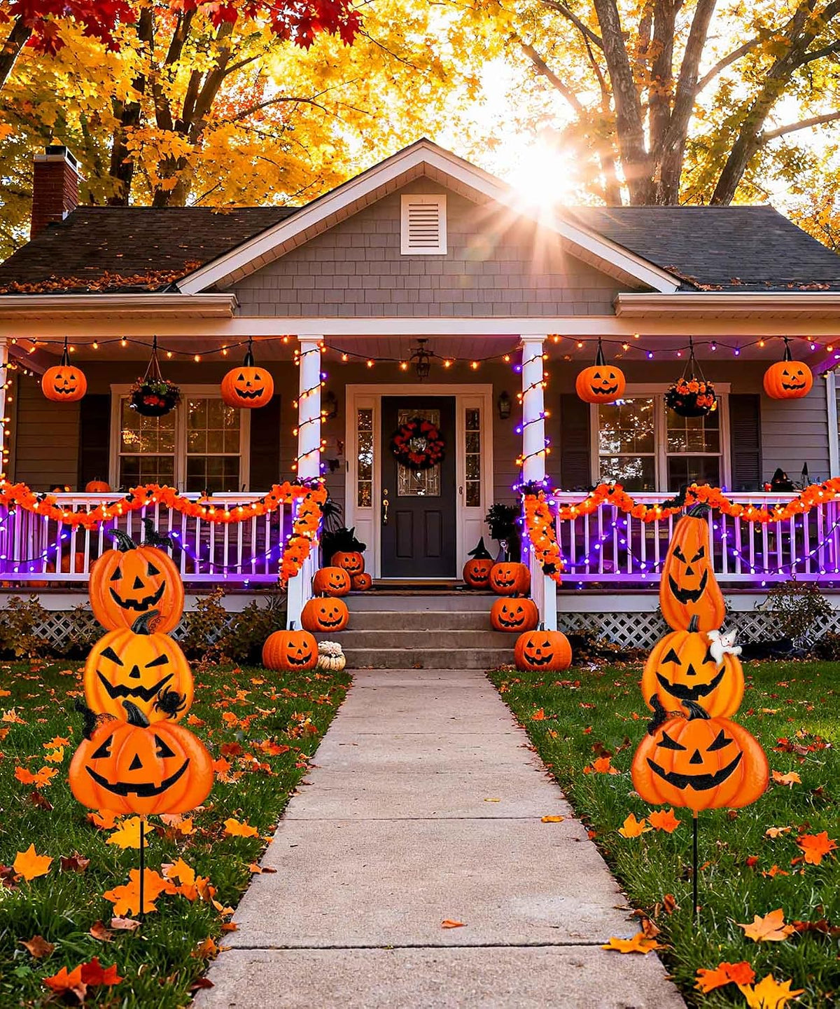 2 Pack Halloween Garden Stakes - Stacked Metal Pumpkins Jack-o-Lantern Lawn D...