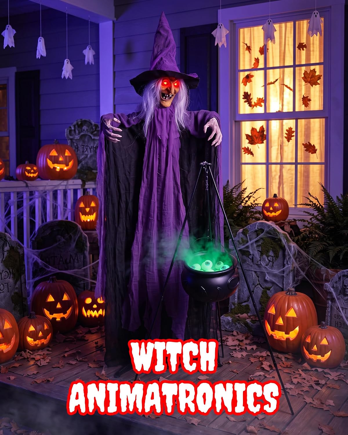 Outdoor Halloween Decorations Animatronics Witch with Witches Cauldron, Outdo...