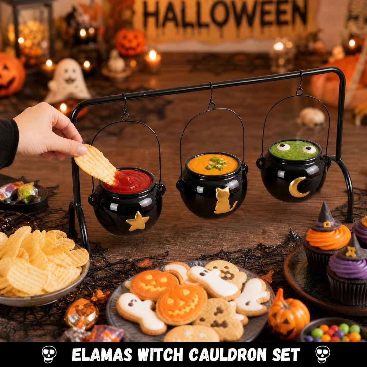 Halloween Decorations 3 Ceramic Witches Cauldron Candy Serving Bowl on Rack, ...