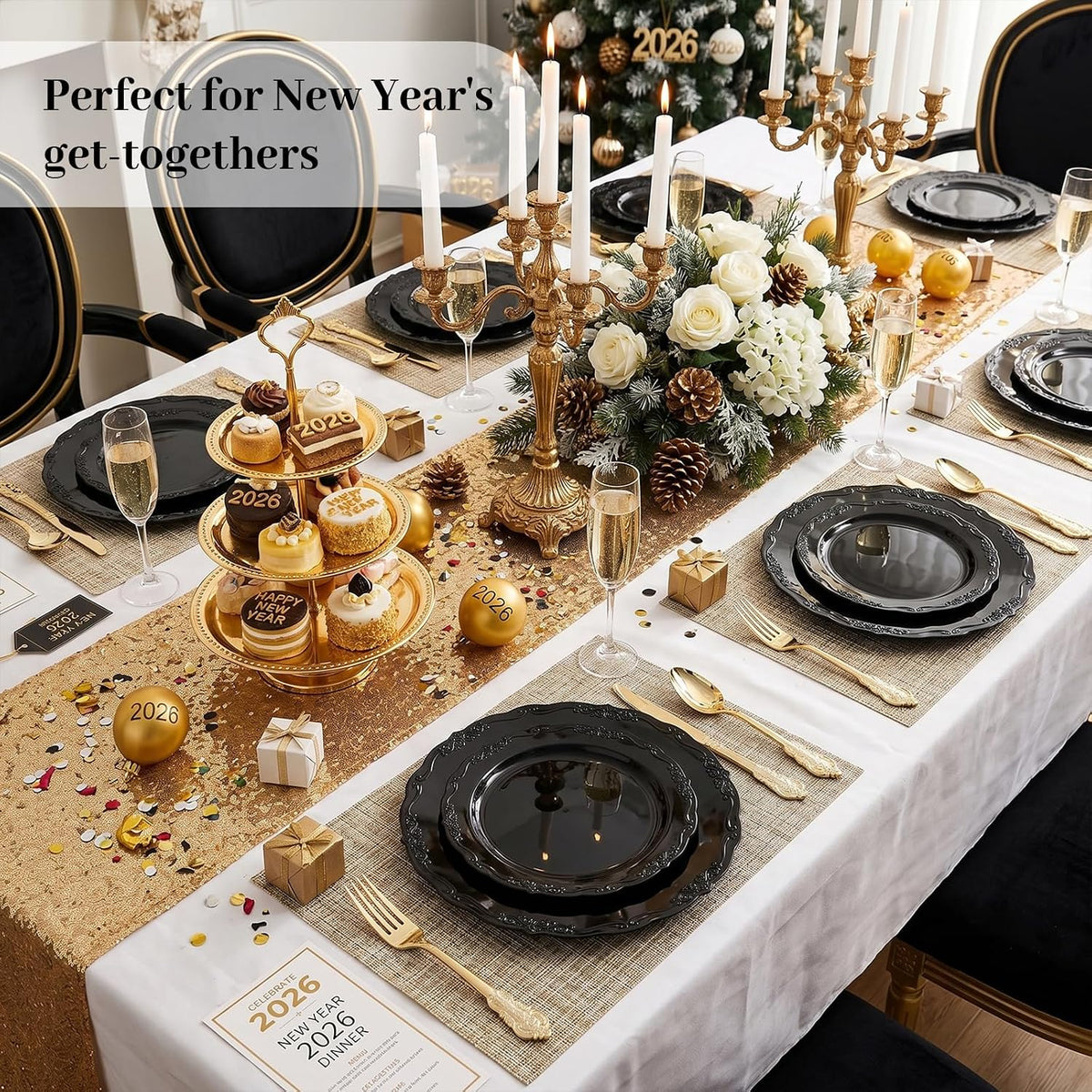 DaYammi 150Pcs Black Plastic Plates & Gold Plastic Silverware Set for Party