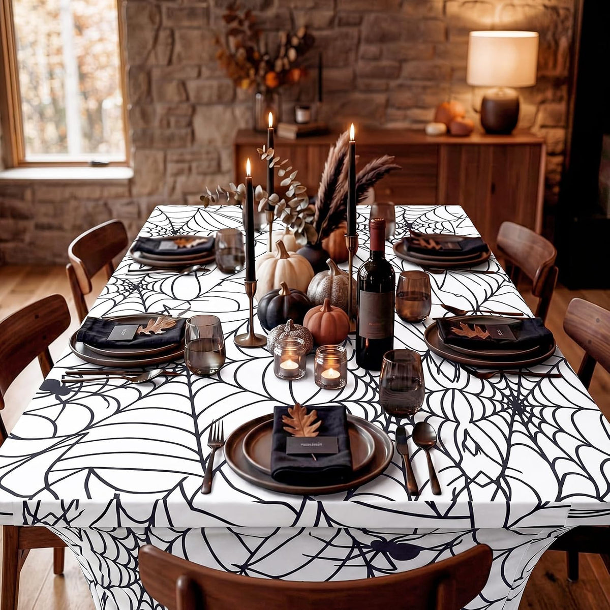 Frienda 2 Pcs Halloween Tablecloth 6ft White Spiderweb Stretch Table Covers