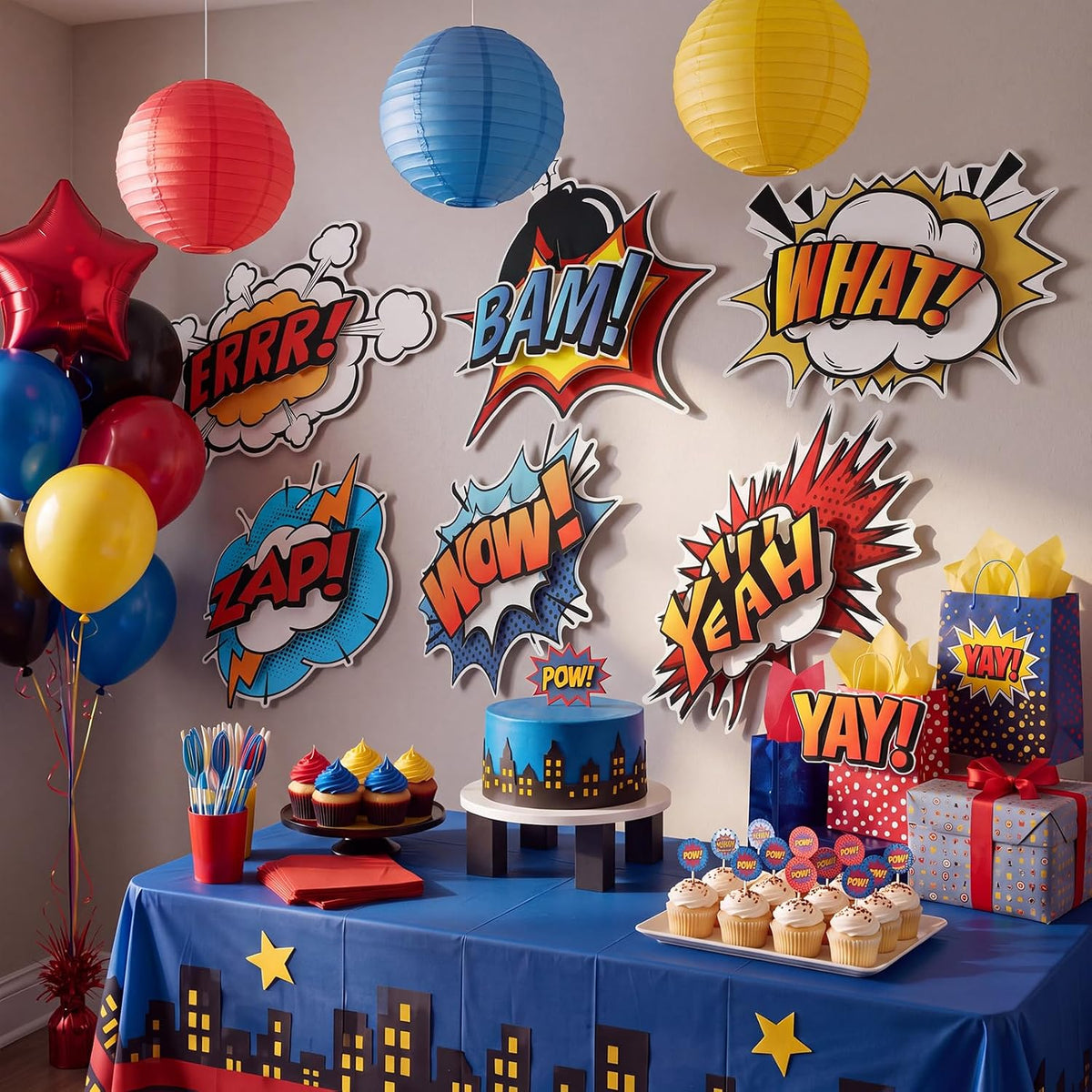 Preboun 6 Pcs Hero Party Decor 3D Multilayer Comic Action Cutouts, Large