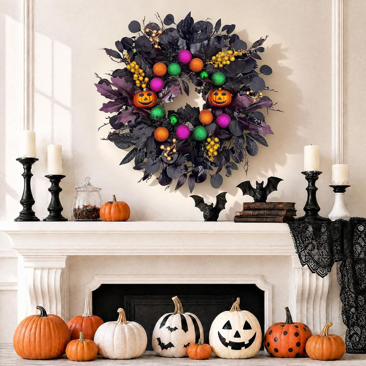24Inch Halloween Wreath for Front Door,Pumpkins Wreath Halloween Decorations ...
