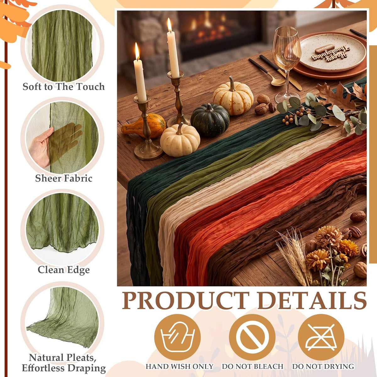 6 Pcs Fall Thanksgiving Cheesecloth Table Runners 118" Boho Gauze