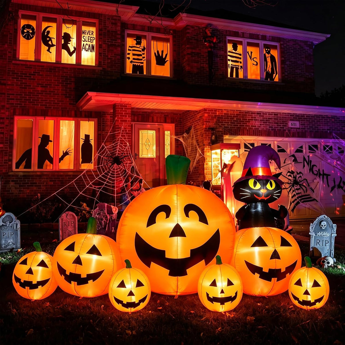 8FT Halloween Inflatable Pumpkin Decor,Witch Hat Black Cat Yard Halloween Par...