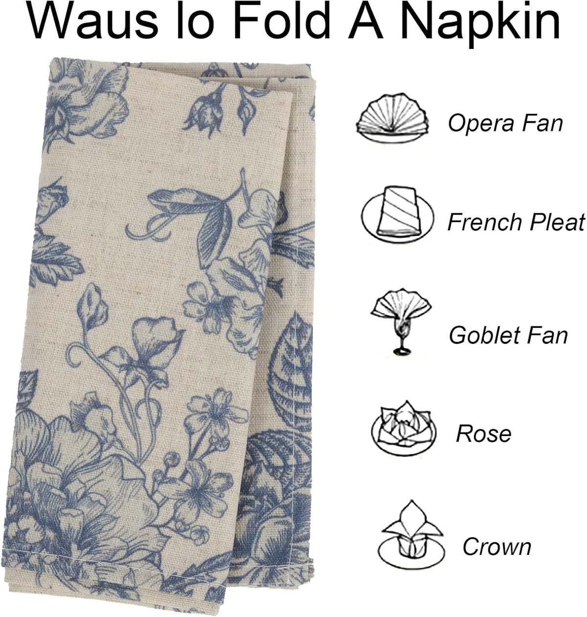 Blue Floral Cloth Napkins Set of 12, Vintage Linen Cotton Dinner Napkins 15x1...