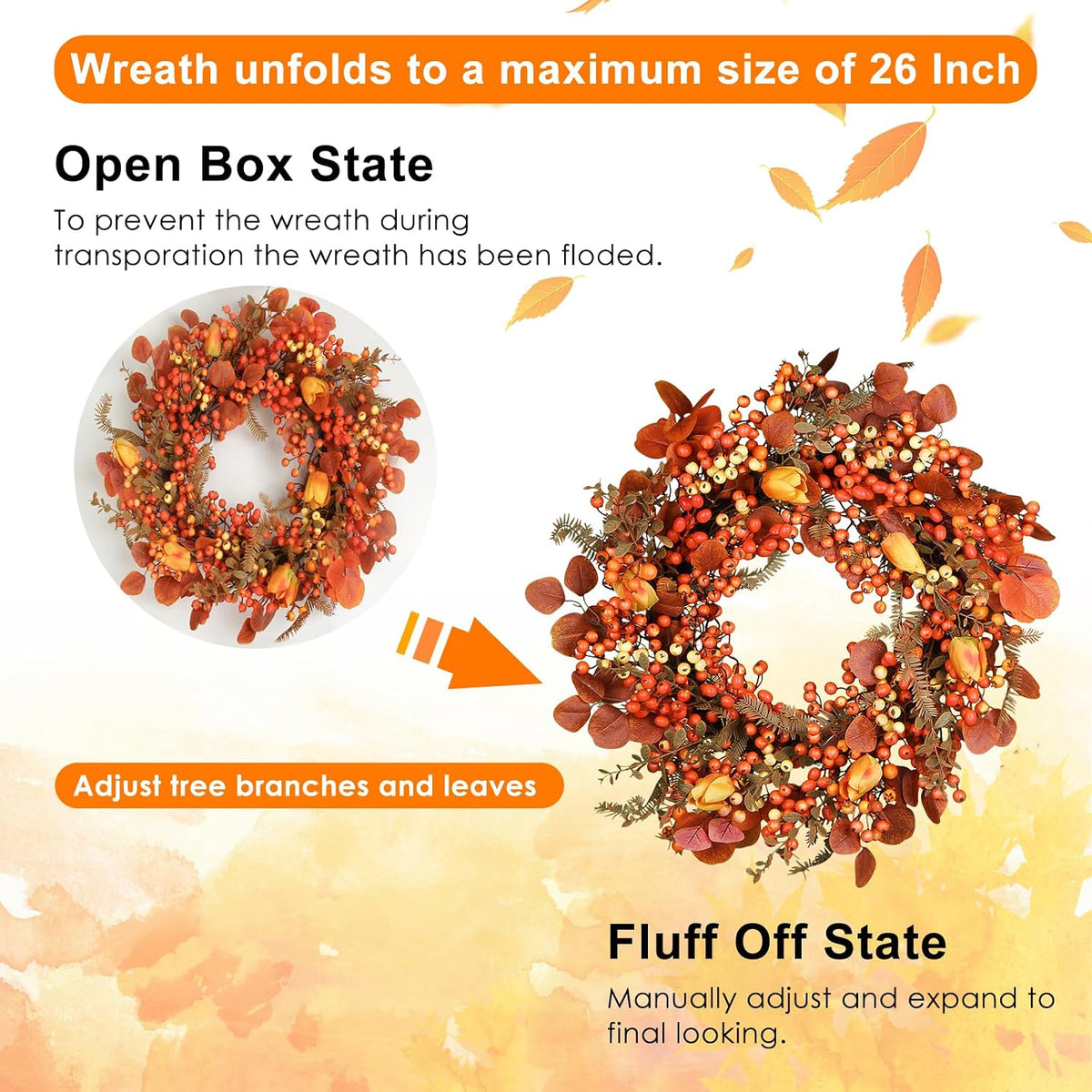 Thanksgiving Fall Wreath for Front Door 26 Inch Berries Autumn Wreaths