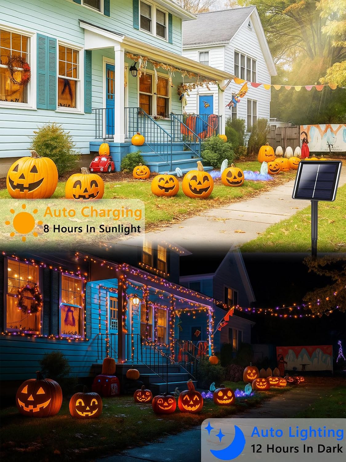 4 Pack 132FT Solar Halloween Lights Outdoor Waterproof, Orange and Purple
