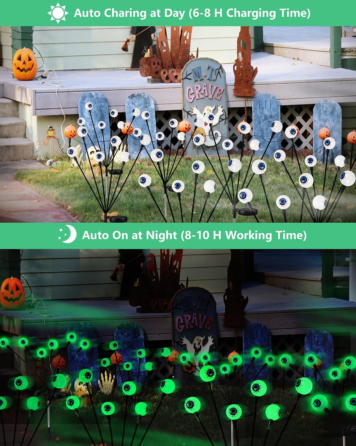 Solar Halloween Decorations Outdoor 6 Pack 36 LED Green Solar Eyeball Light