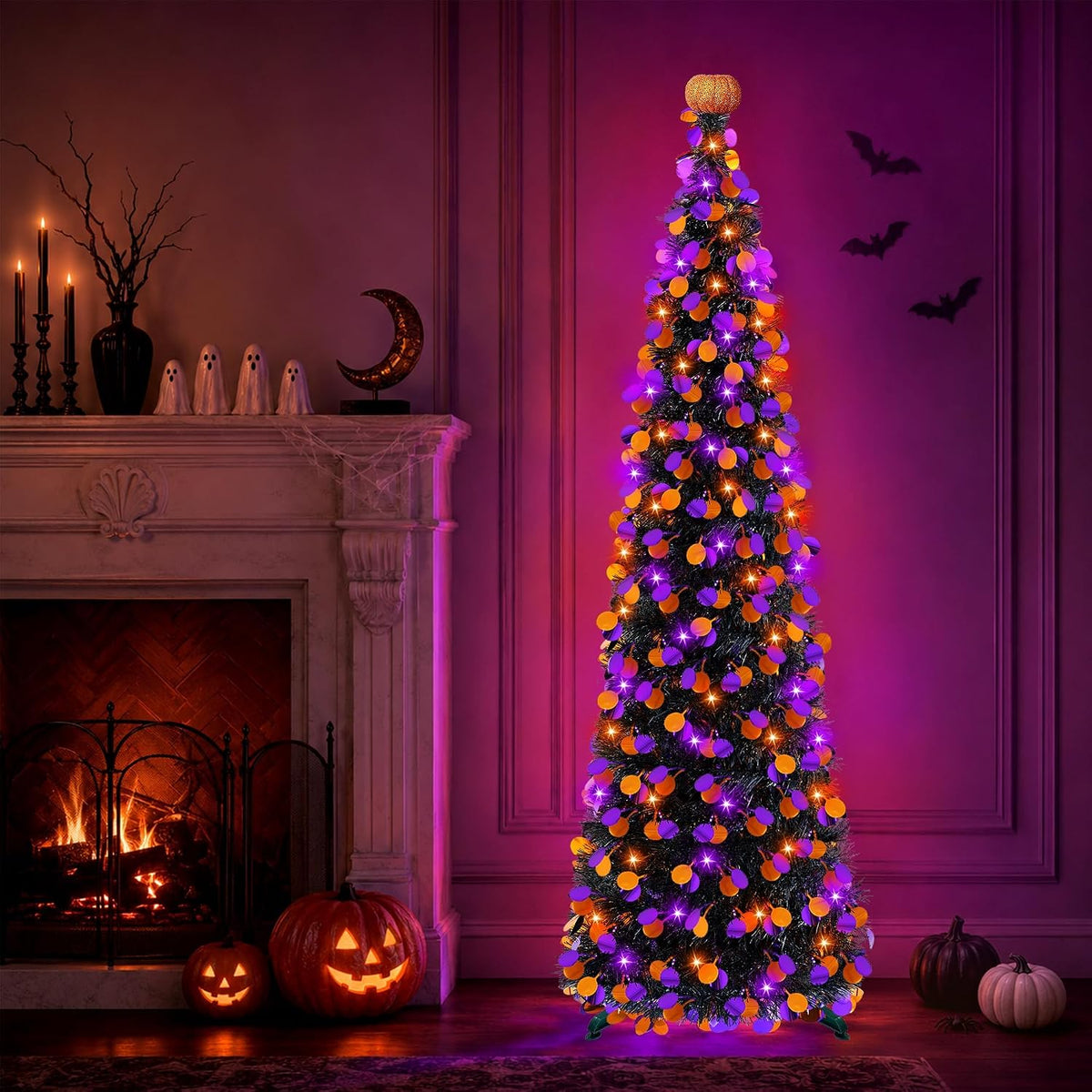 5FT Halloween Tree Decorations Indoor, Pop-up Orange Purple Halloween Tinsel ...