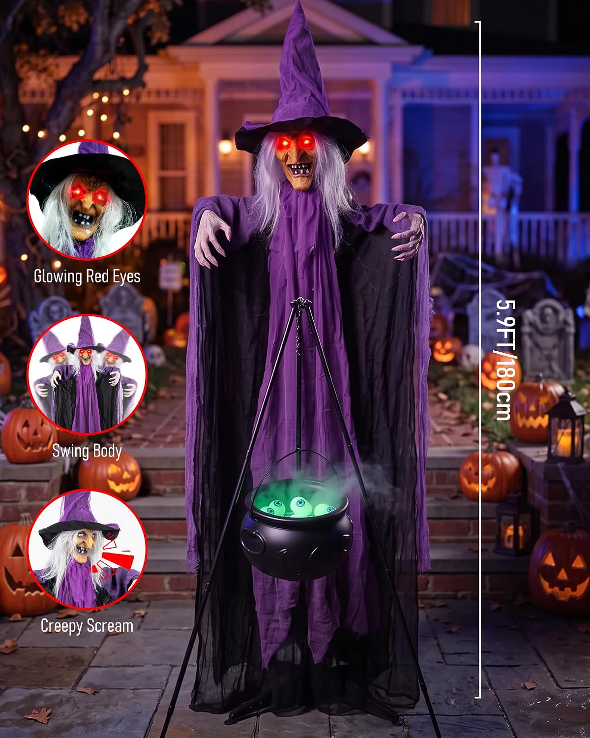 Outdoor Halloween Decorations Animatronics Witch with Witches Cauldron, Outdo...