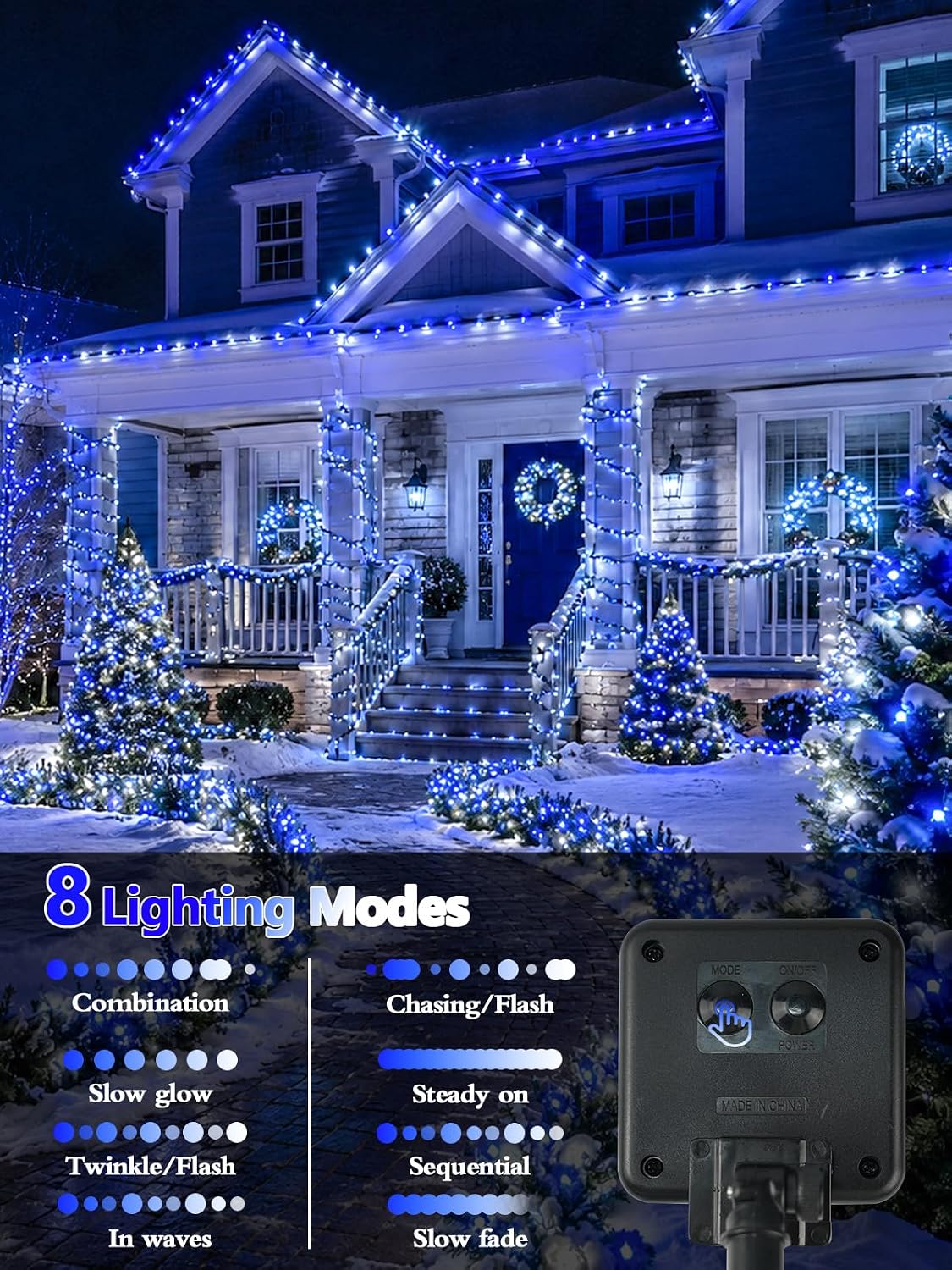 6 Pack 600 LED Solar Christmas Lights Outdoor, Solar Lights Blue & White