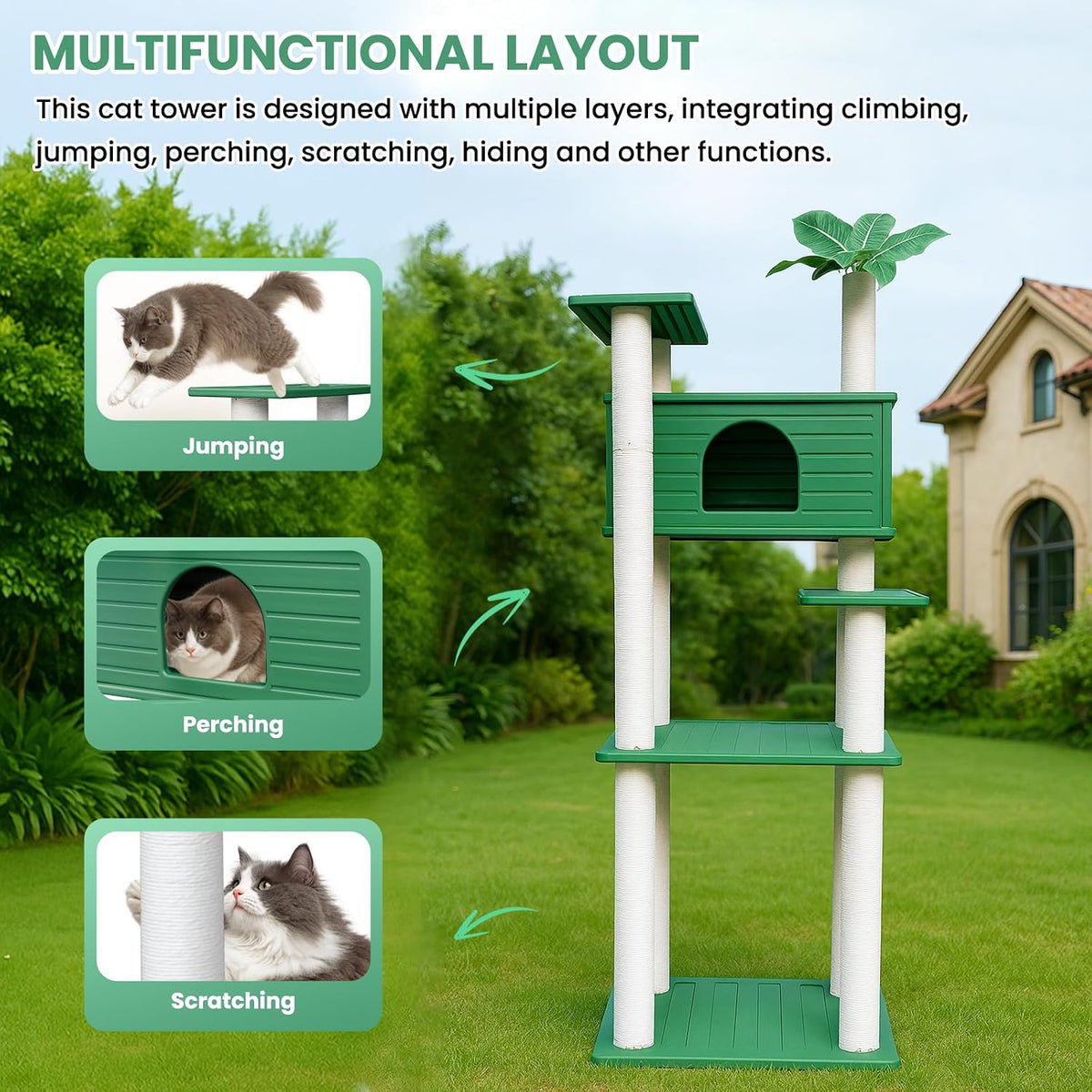 66in Weatherproof Outdoor Cat Tree Tower,Multi Level Large Cat Condo House