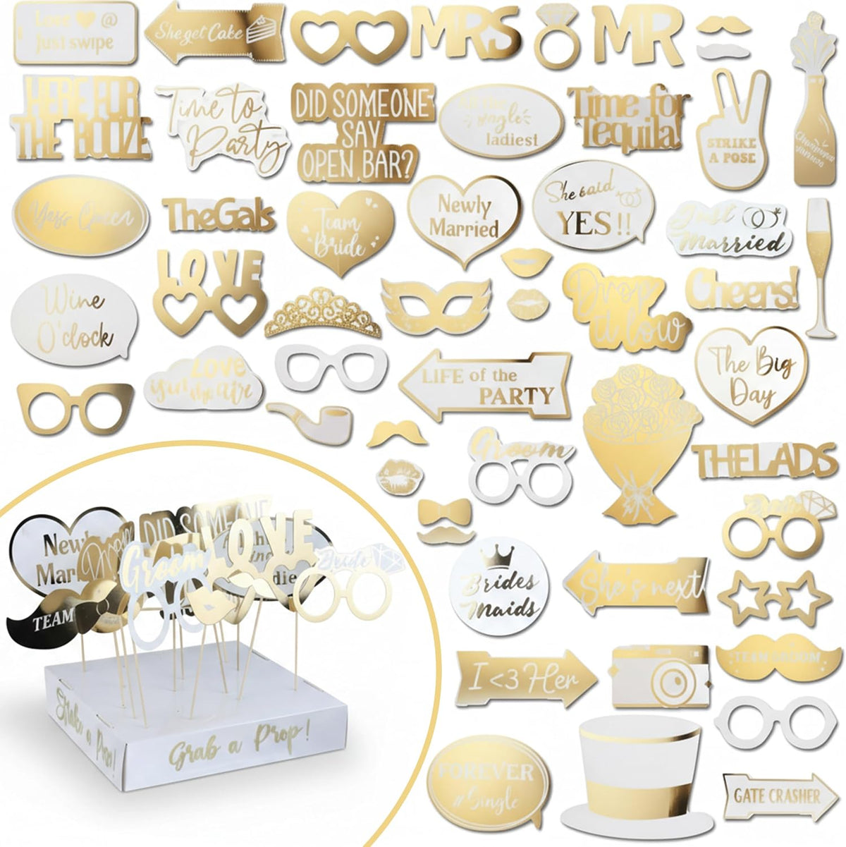 SOUL SHIFT 60PCs Fully Assembled Wedding Photo Booth Props - Prop Stand - Gol...