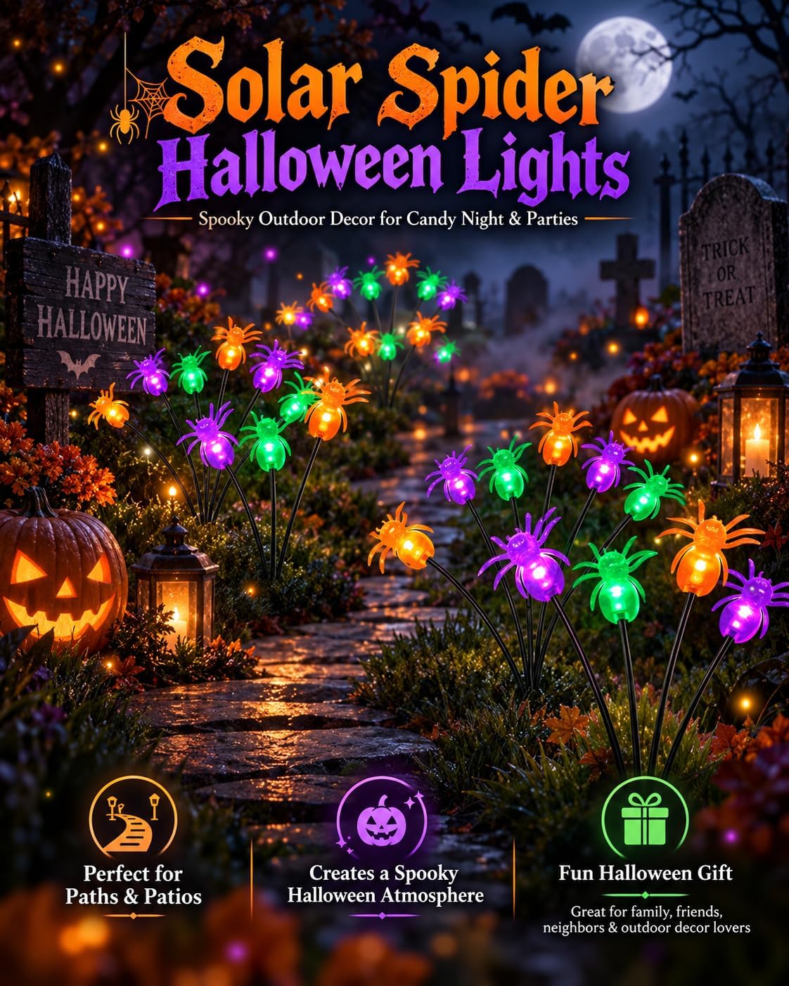 LORRYTE 6Pack 36LED Spider Solar Halloween Lights Outdoor for Garden