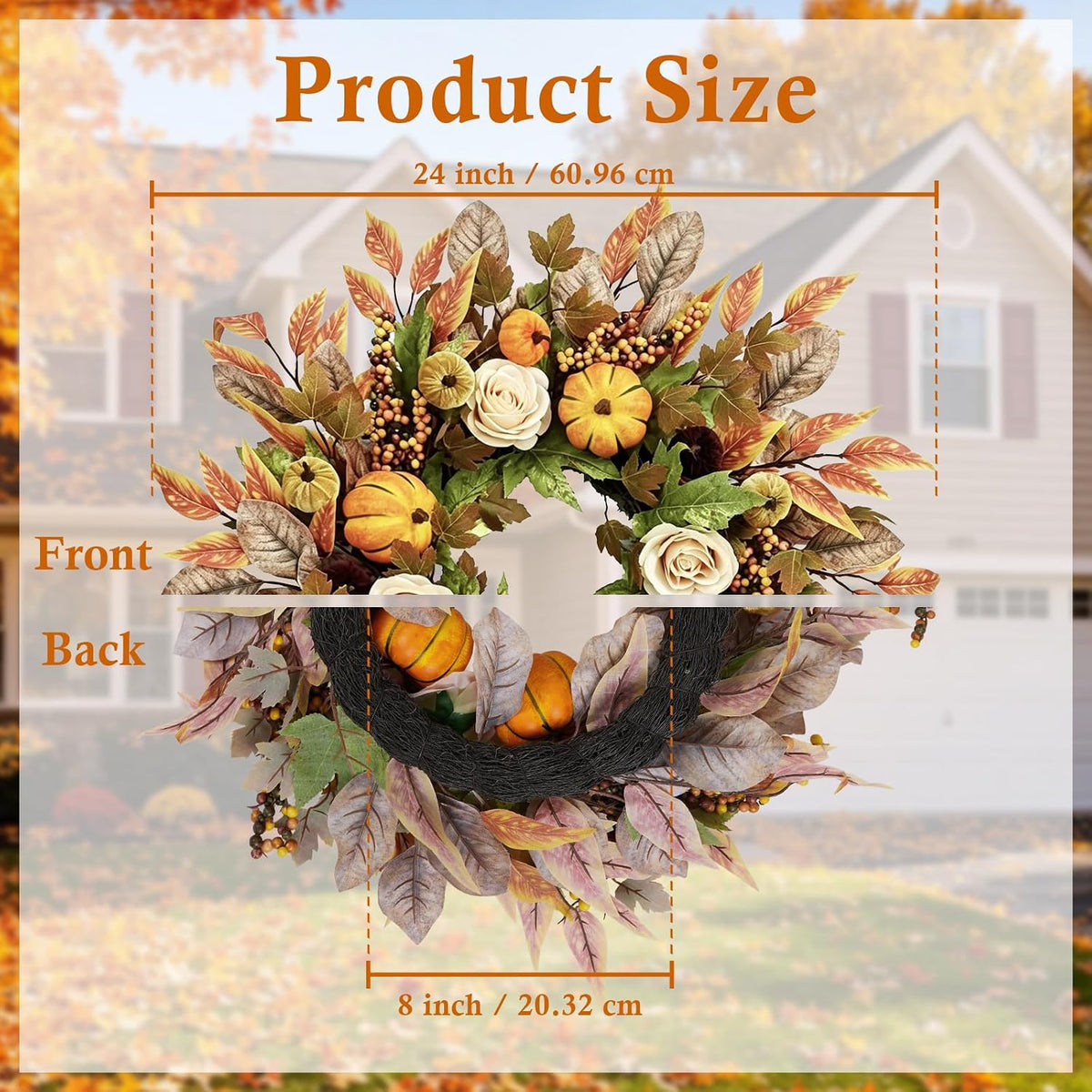 24 Inch Fall Wreaths for Front Door, Autumn Pumpkins Wreaths