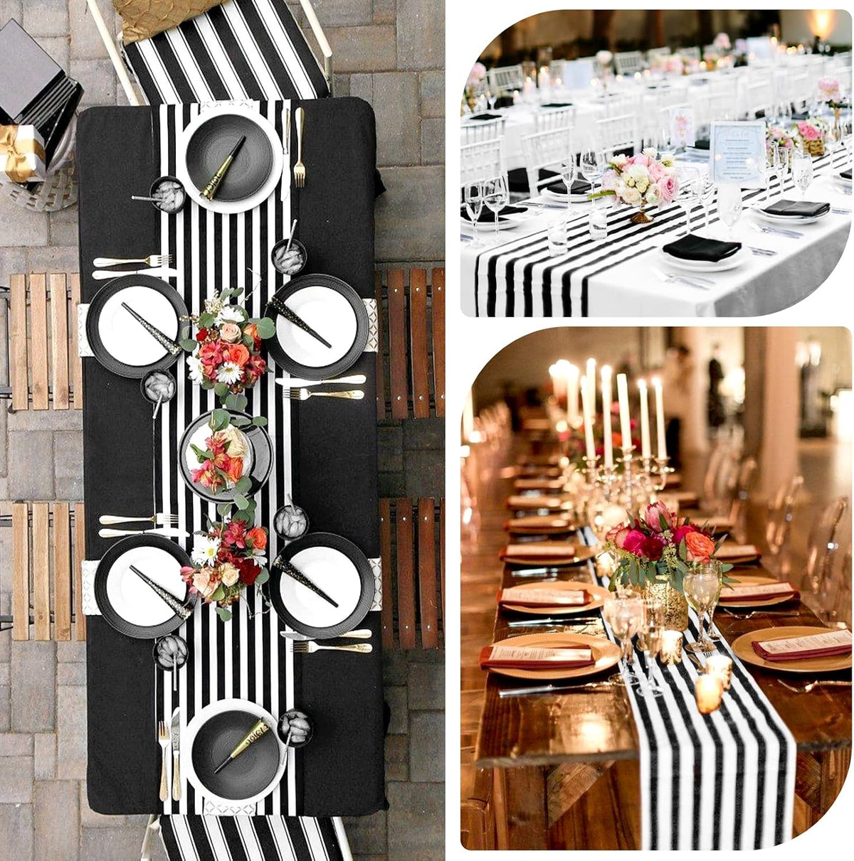 fani 15 Pack Black and White Striped Table Runner, 12 x 72 Inch