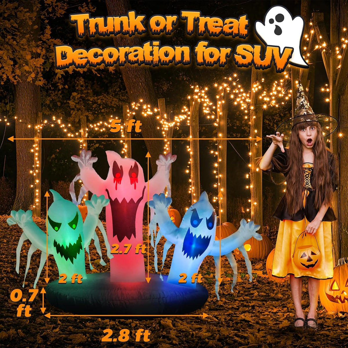 Trunk or Treat Car Decorations Kit 5ft Inflatable Ghost with Built-in LEDs, H...
