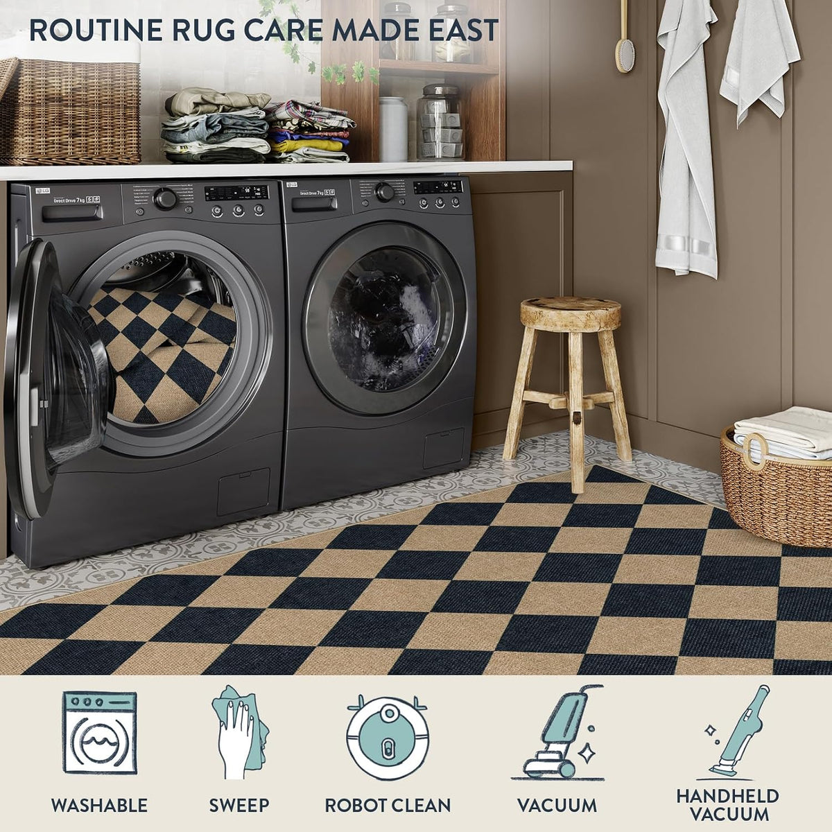 Lahome Checkered Easy Jute Non Slip Kitchen Runner, 2'6"x8' Wash...