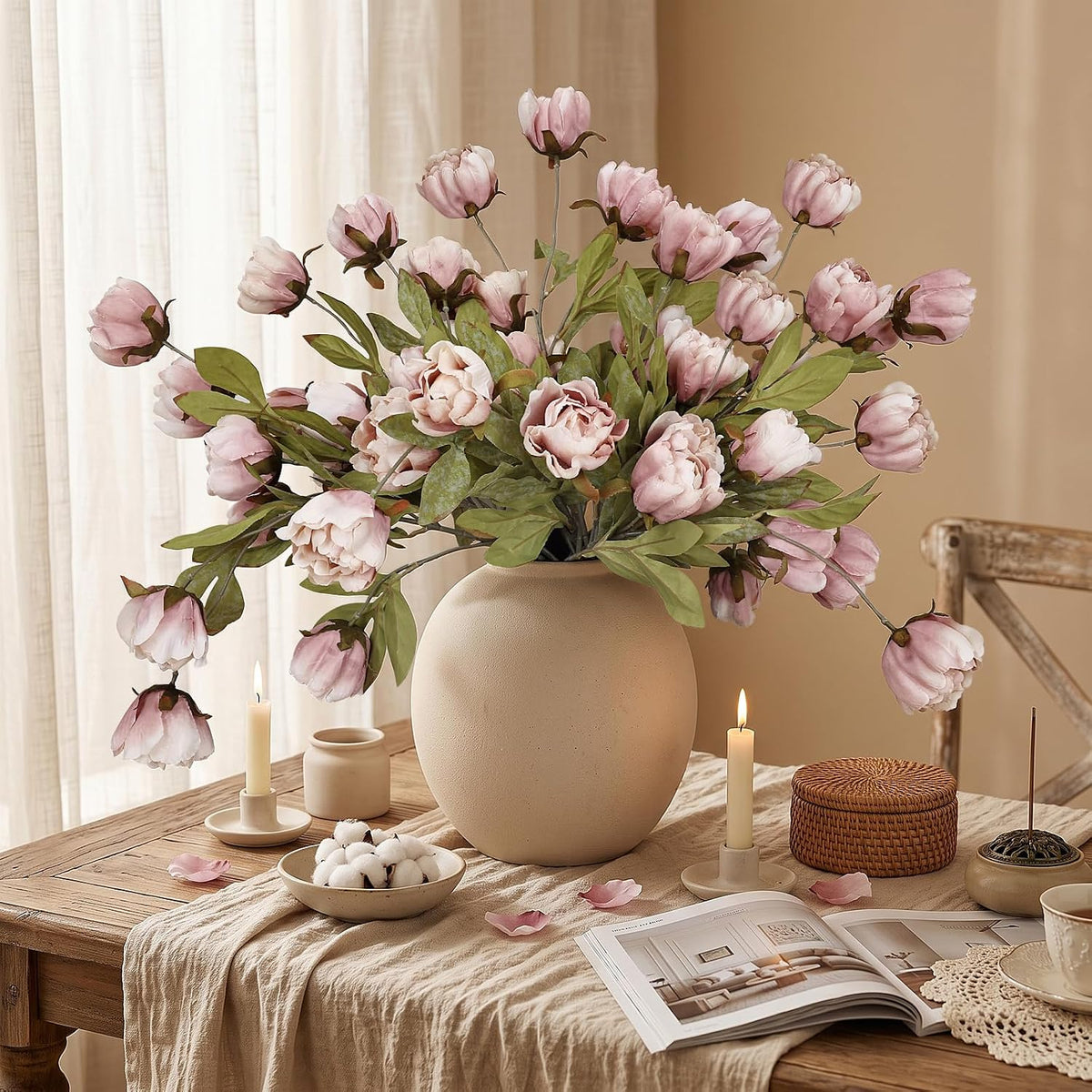 27 Inches 9 PCS Artificial Flowers Stems Peonies - Blush Brown