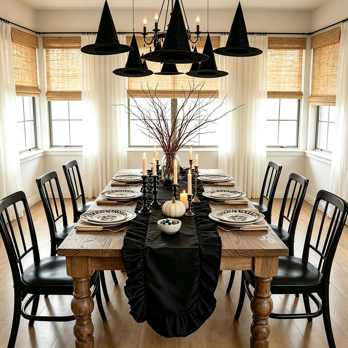 Black Ruffled Table Runner 118 inch Scalloped Table Runners,3pcs