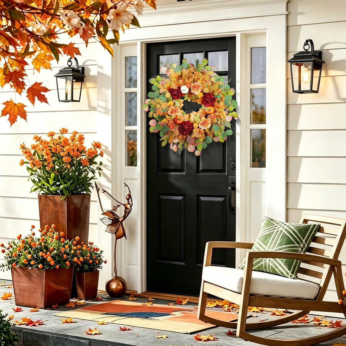 26 Inch Fall Wreaths for Front Door with Orange Camellia & Burgundy Dahlias