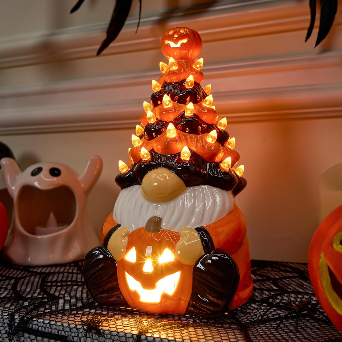 Joiedomi 8.5 inch Tall Halloween Decoration Pumpkin Gnome Ceramic Tree with B...