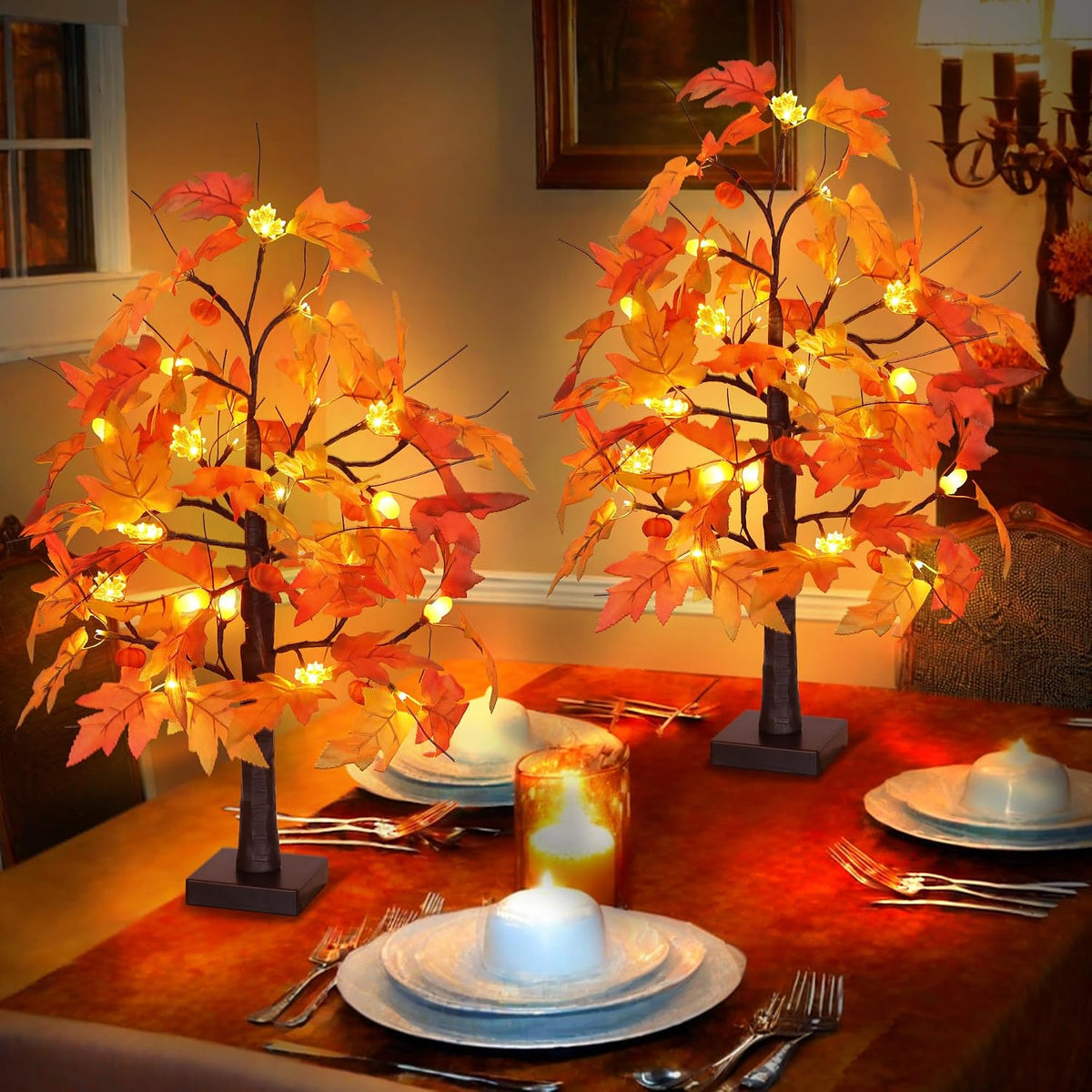 2 Pack 24 Inch Maple Tree Fall Thanksgiving Table Decorations with 48LED Batt...