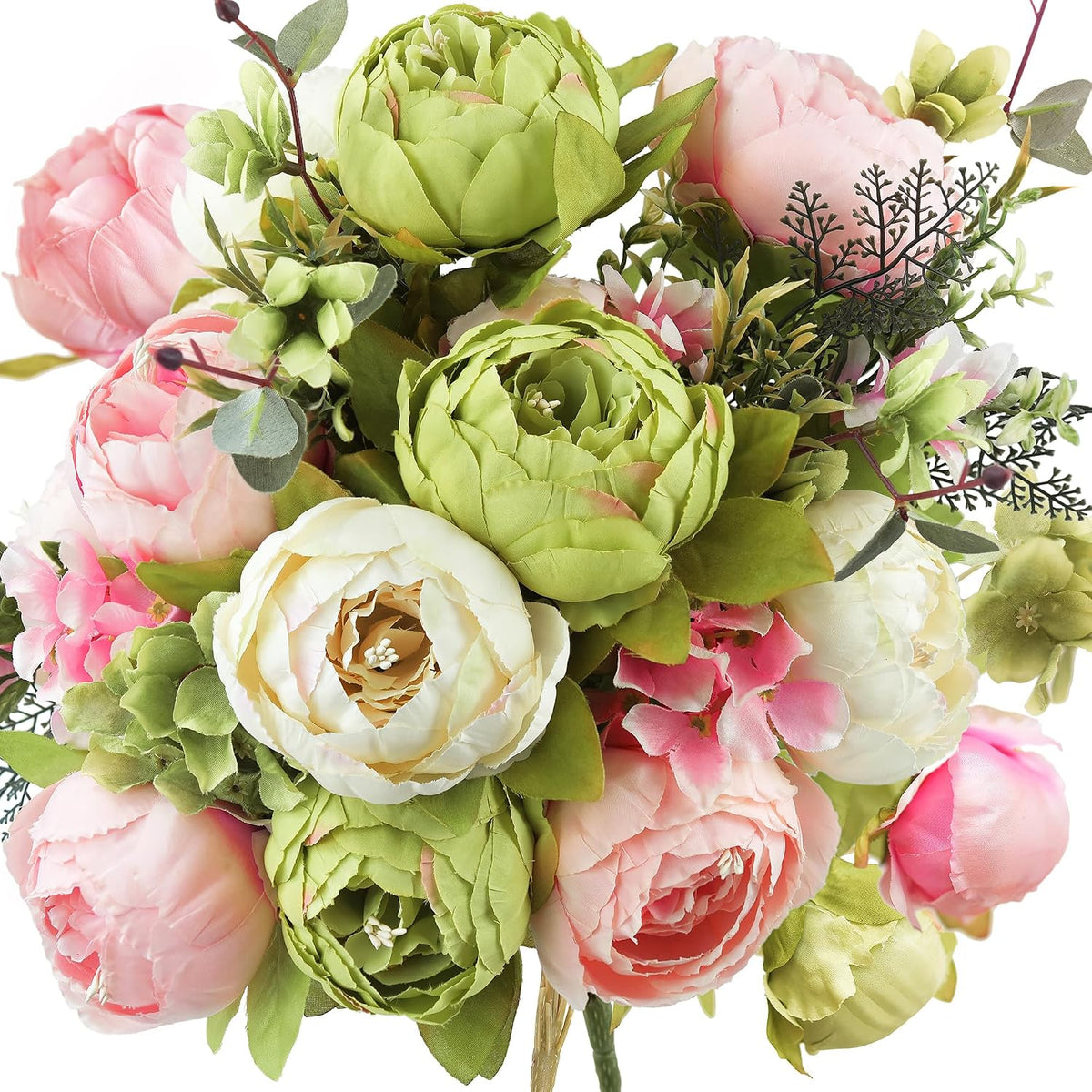 FiveSeasonStuff Artificial Peony Bouquet, Pink, Beige & Green Silk Flower...