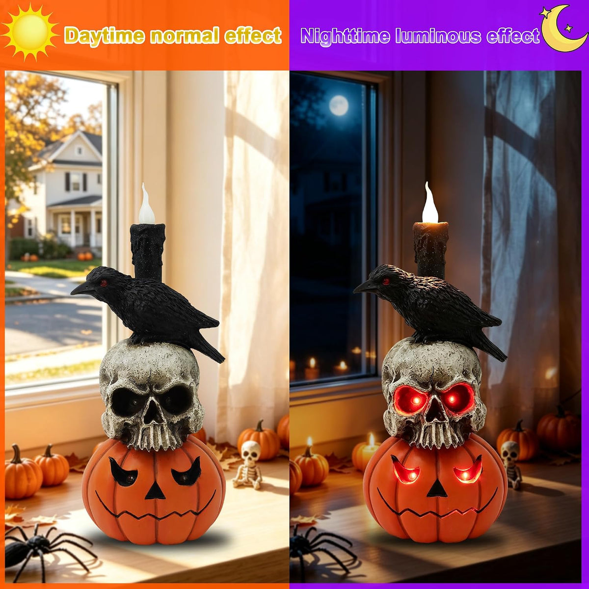 Halloween Pumpkin Skull Resin Statue 14in Gothic Crow Candle Decor
