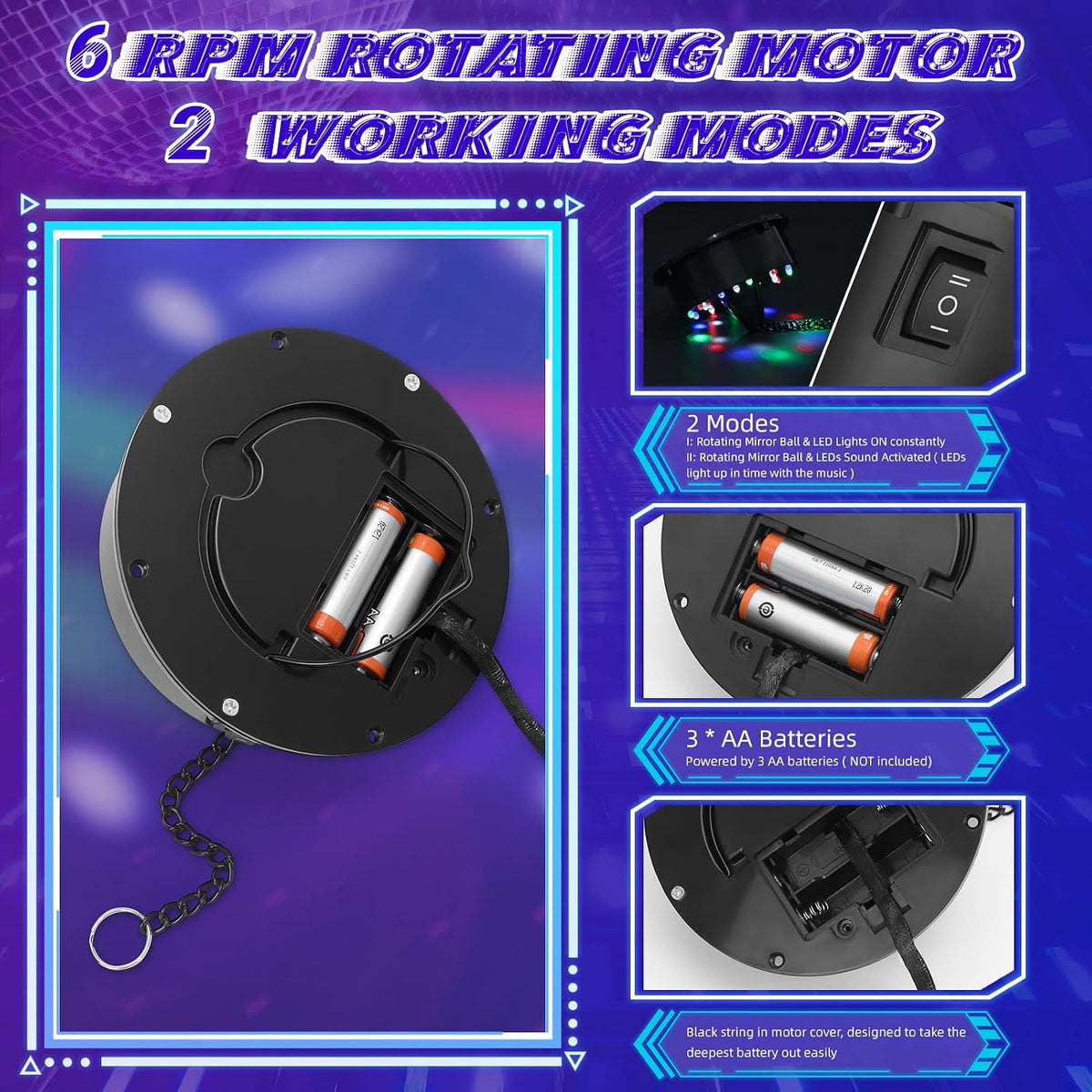 Disco Ball with Motor and Light 8" Hanging Mirror Ball Batteries Powered