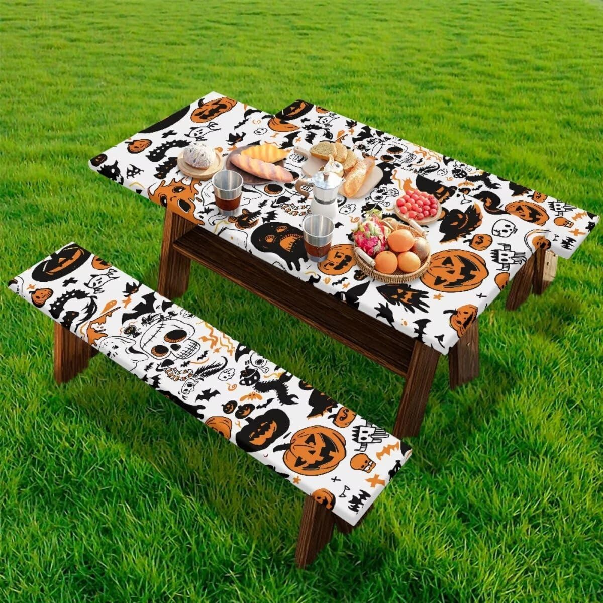 Halloween Pattern Camping Table Covers with Seat Covers Waterproof Picnic Out...