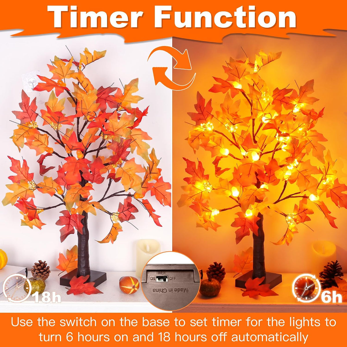 Fall Decor 2 Pack 24 Inch Lighted Maple Tree with 48 LED & Timer, Battery...