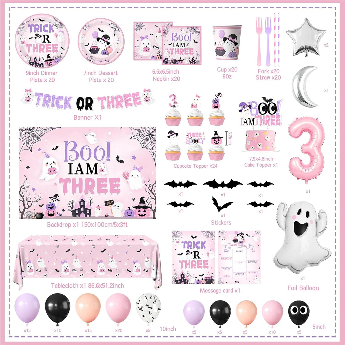 Trick or Three Birthday Party Girl,Halloween 3rd Birthday Decorations Girl
