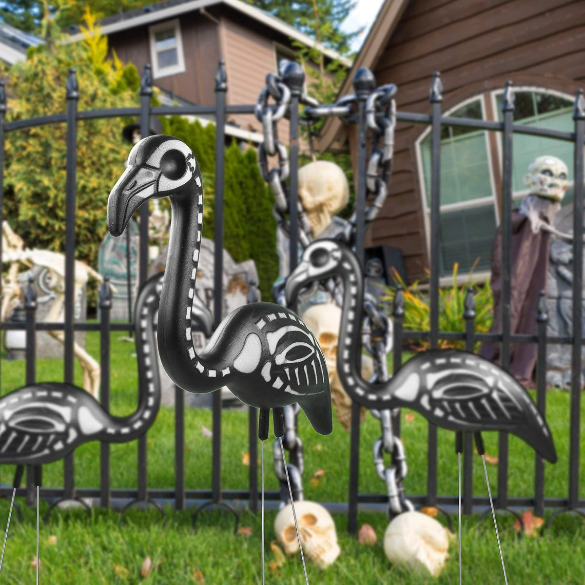 Zombie Skeleton Flamingo Yard Ornaments - Lawn Decor With Stakes 2 Pk