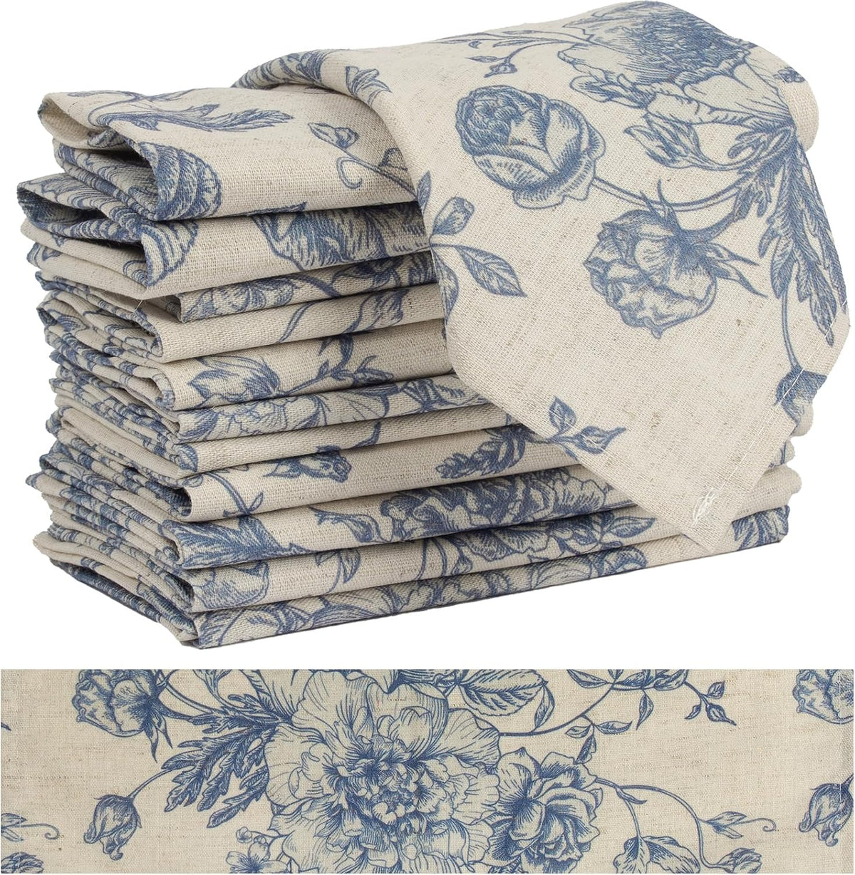 Blue Floral Cloth Napkins Set of 12, Vintage Linen Cotton Dinner Napkins 15x1...