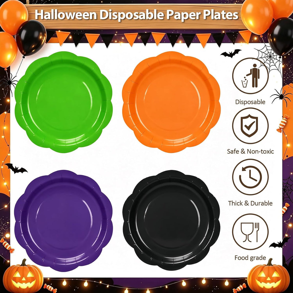 192Pcs Purple Orange Balck Plates and Napkins Party Supplies, Disposable 9’’ ...