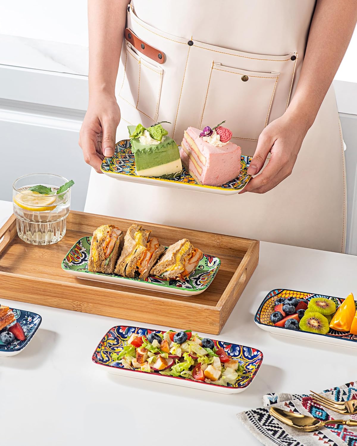 Boho Ceramic Rectangular Appetizer & Sushi Plates Set of 6, 8 Inch